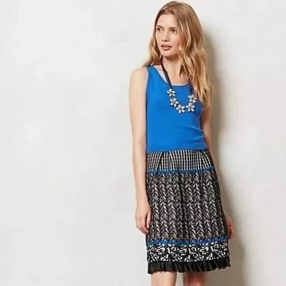 ANTHROPOLOGIE Girls From Savoy Blue Black White Merino Wool Pleated Dress Small - Picture 1 of 7